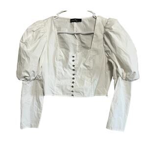 On Twelfth Womens Boho Blouse White  Size Medium Zip Side Crop Puff Sleeves